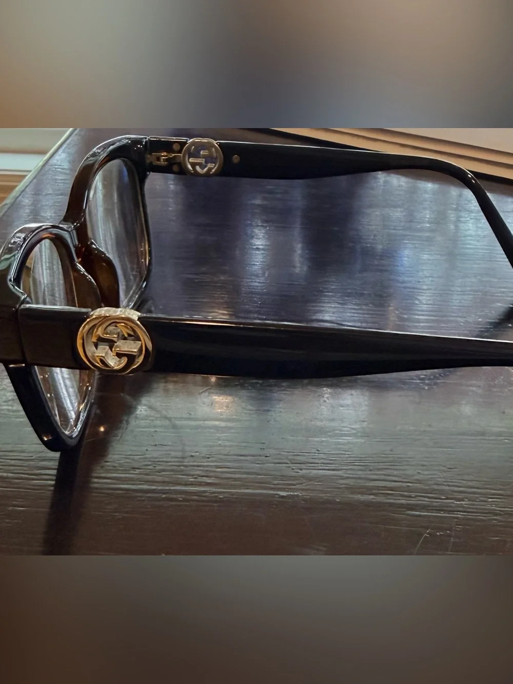 Gucci Black and Tortoiseshell Rectangular Glasses with Gold GG Accent - Picture 5 of 6